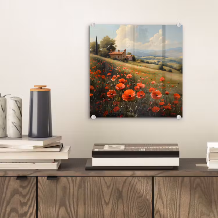 Glas schilderij - Klaprozen - Rood - Heuvels - Landschap — 2