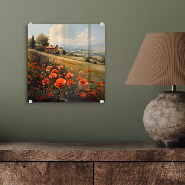 Glas schilderij - Klaprozen - Rood - Heuvels - Landschap — 4