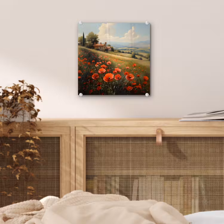 Glas schilderij - Klaprozen - Rood - Heuvels - Landschap — 5