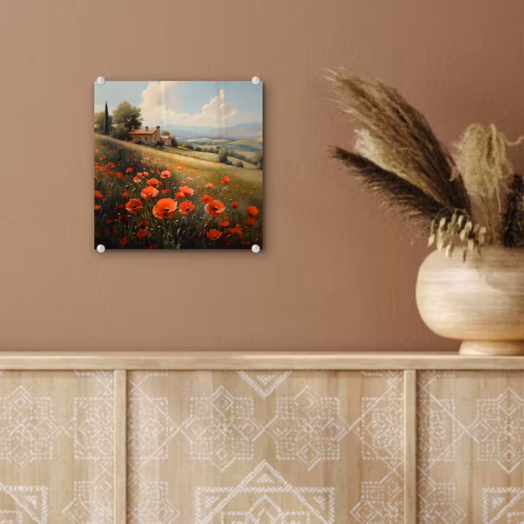 Glas schilderij - Klaprozen - Rood - Heuvels - Landschap — 6