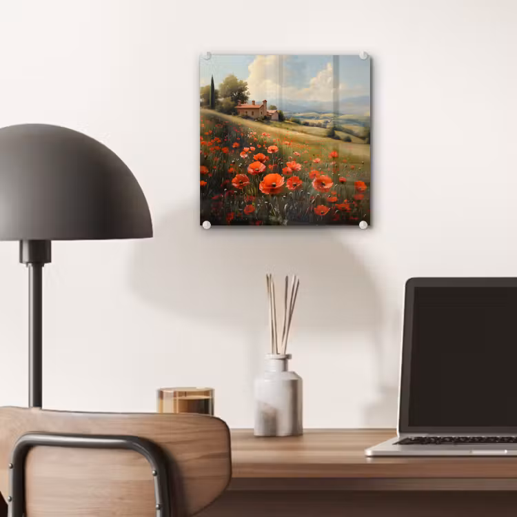 Glas schilderij - Klaprozen - Rood - Heuvels - Landschap — 7