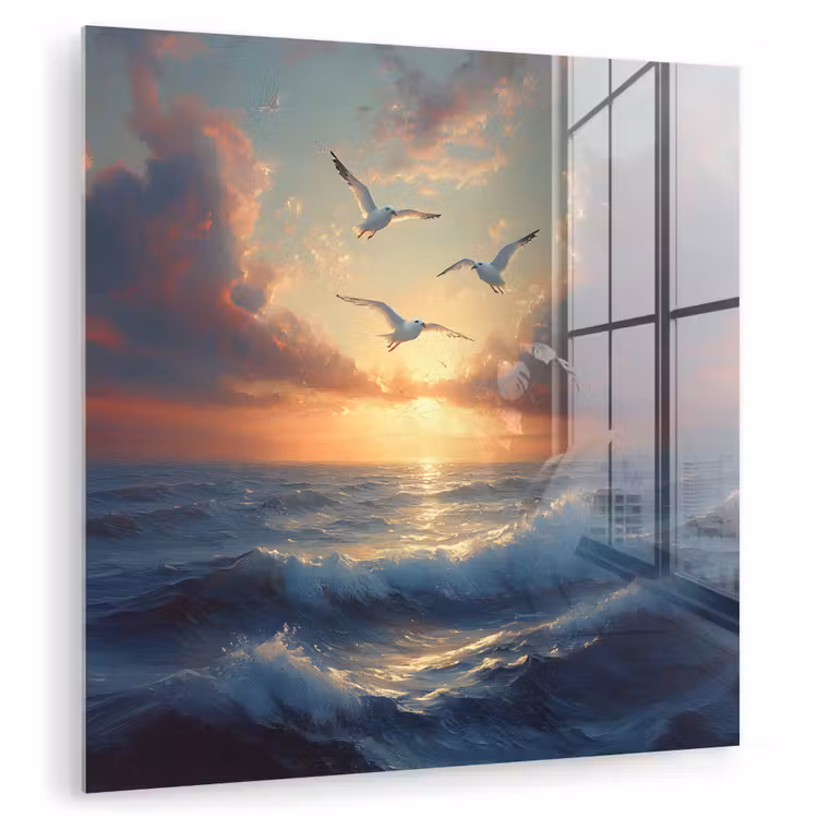 Glas schilderij - Meeuwen - Zonsondergang - Zee - Wolken — 1