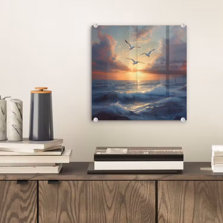 Glas schilderij - Meeuwen - Zonsondergang - Zee - Wolken — 2