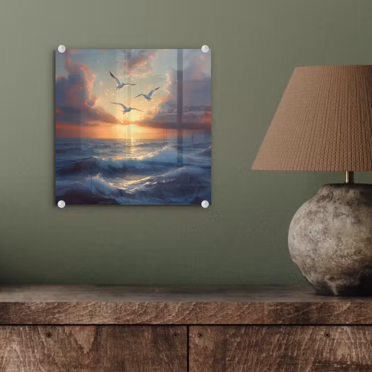 Glas schilderij - Meeuwen - Zonsondergang - Zee - Wolken — 4