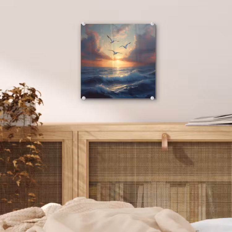 Glas schilderij - Meeuwen - Zonsondergang - Zee - Wolken — 5