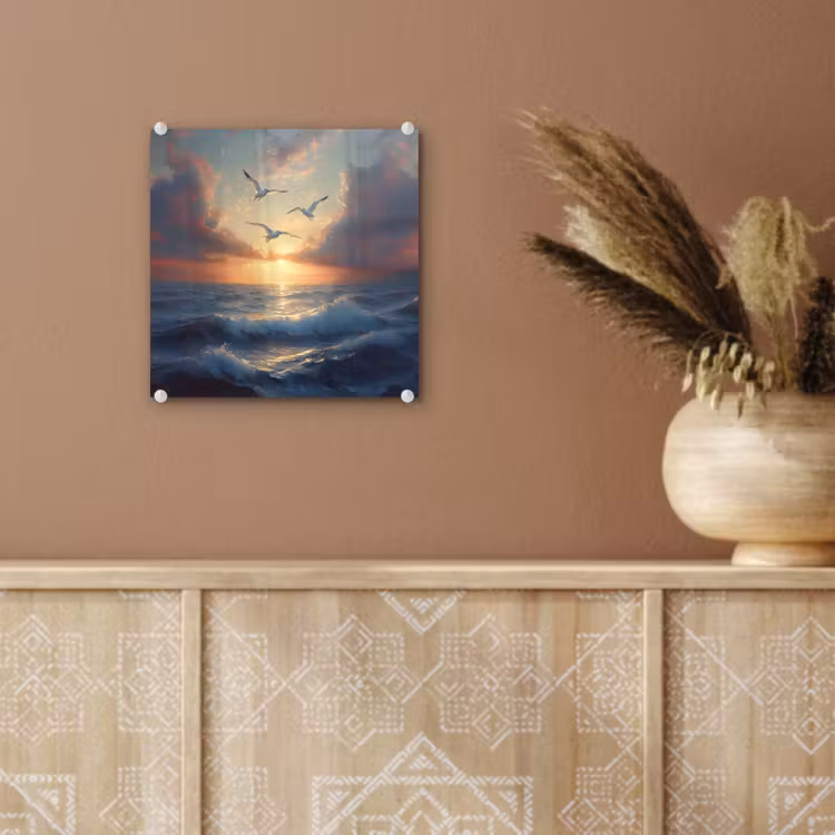 Glas schilderij - Meeuwen - Zonsondergang - Zee - Wolken — 6