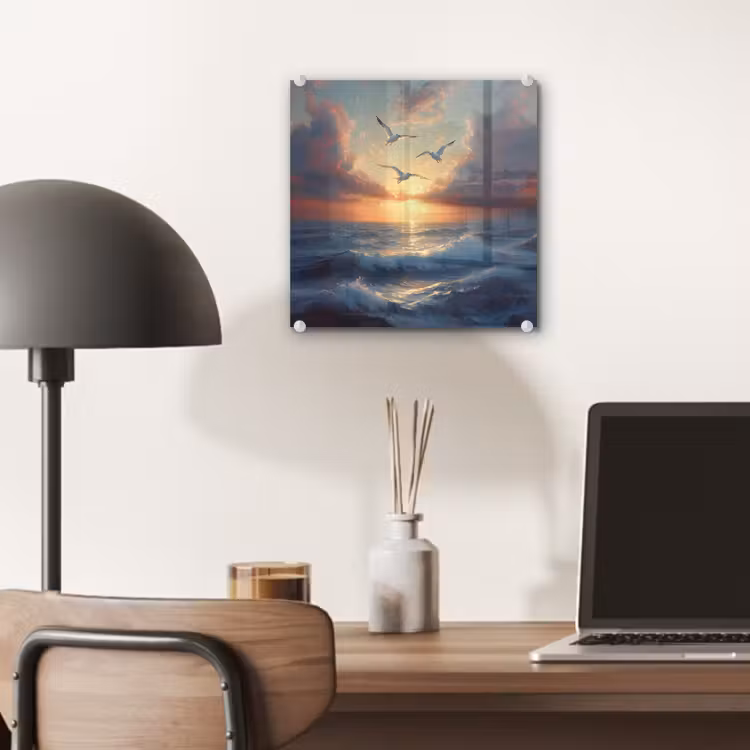 Glas schilderij - Meeuwen - Zonsondergang - Zee - Wolken — 7