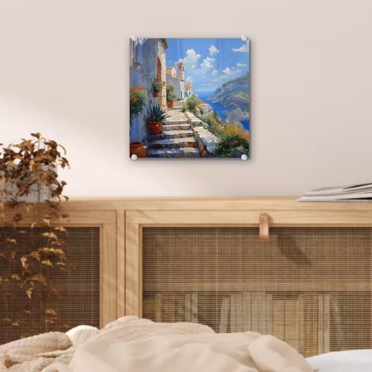 Glas schilderij - Trap - Huizen - Berglandschap - Zee — 5