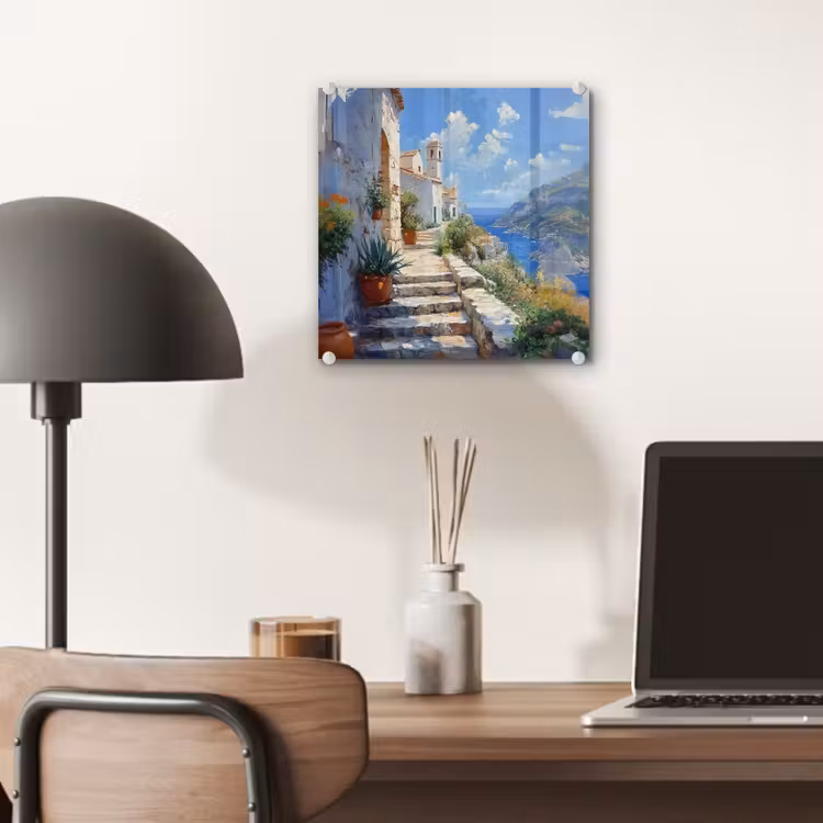Glas schilderij - Trap - Huizen - Berglandschap - Zee — 7