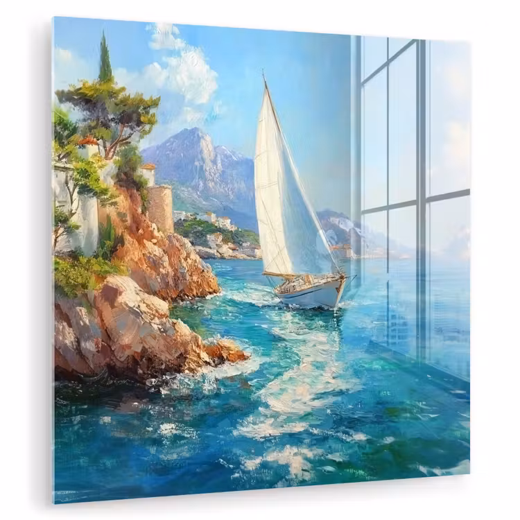 Glas schilderij - Zeilboot - Rotsen - Kust - Huizen — 1