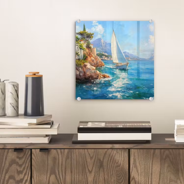 Glas schilderij - Zeilboot - Rotsen - Kust - Huizen — 2