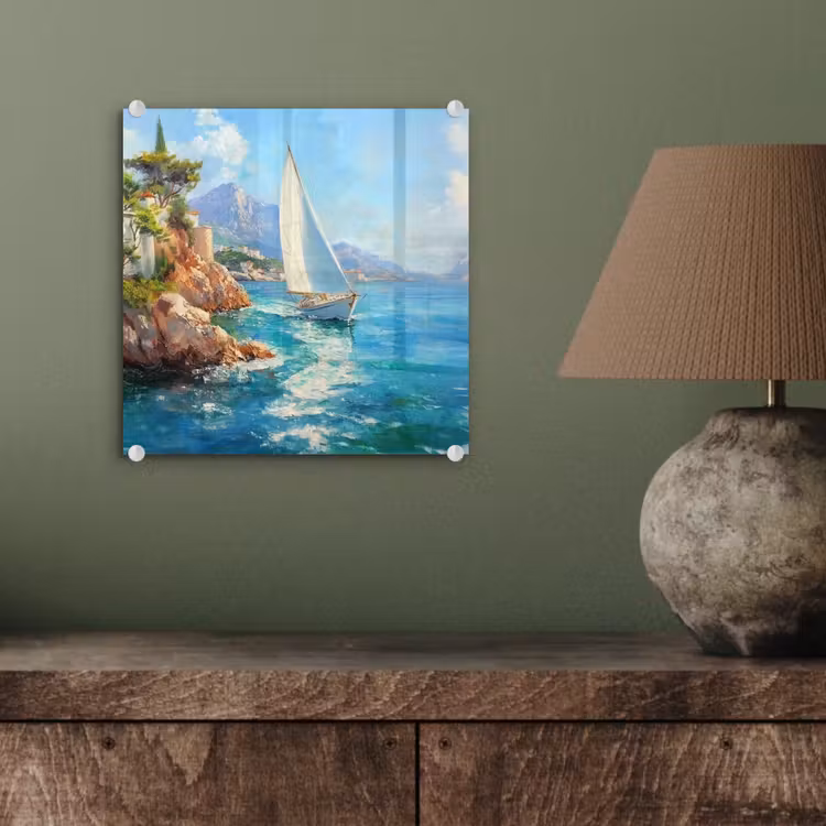 Glas schilderij - Zeilboot - Rotsen - Kust - Huizen — 4
