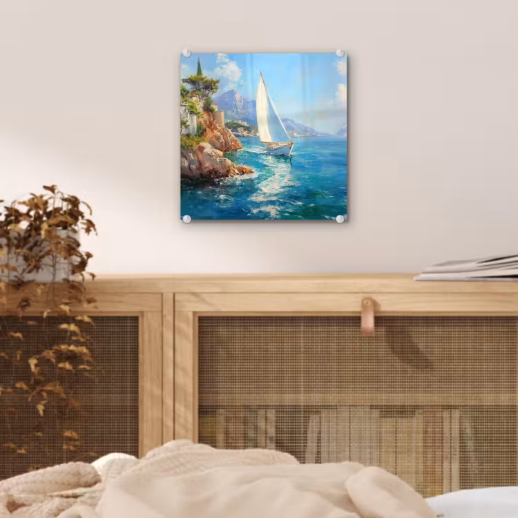 Glas schilderij - Zeilboot - Rotsen - Kust - Huizen — 5