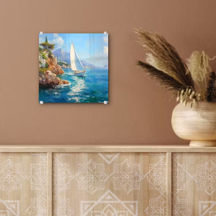 Glas schilderij - Zeilboot - Rotsen - Kust - Huizen — 6
