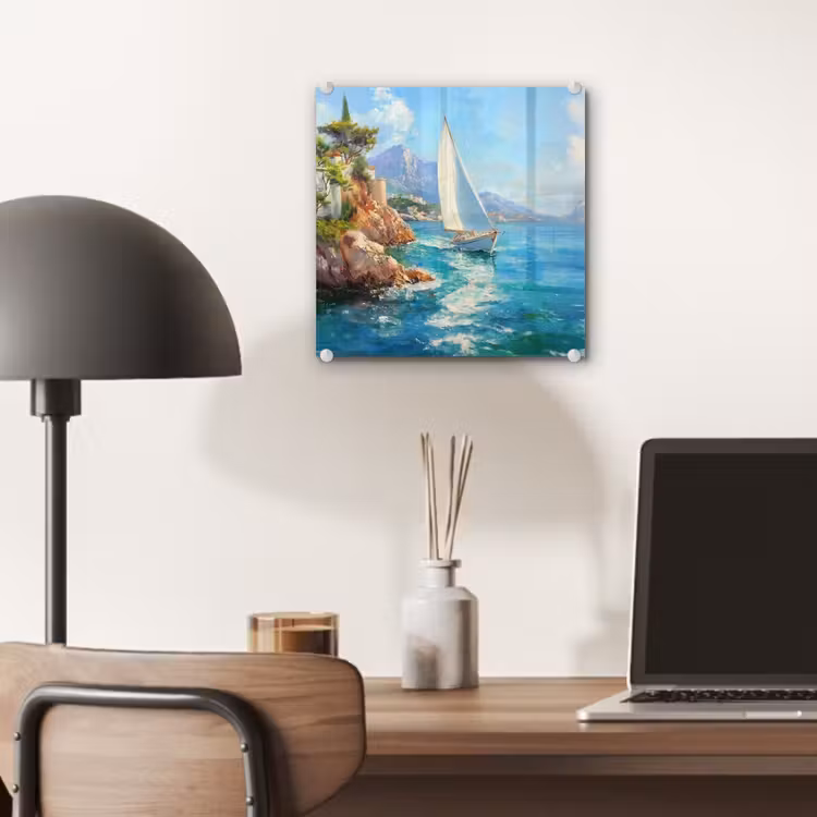 Glas schilderij - Zeilboot - Rotsen - Kust - Huizen — 7
