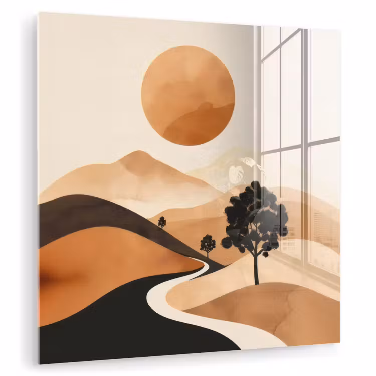 Glas schilderij - Zon - Heuvels - Boom - Abstract — 1