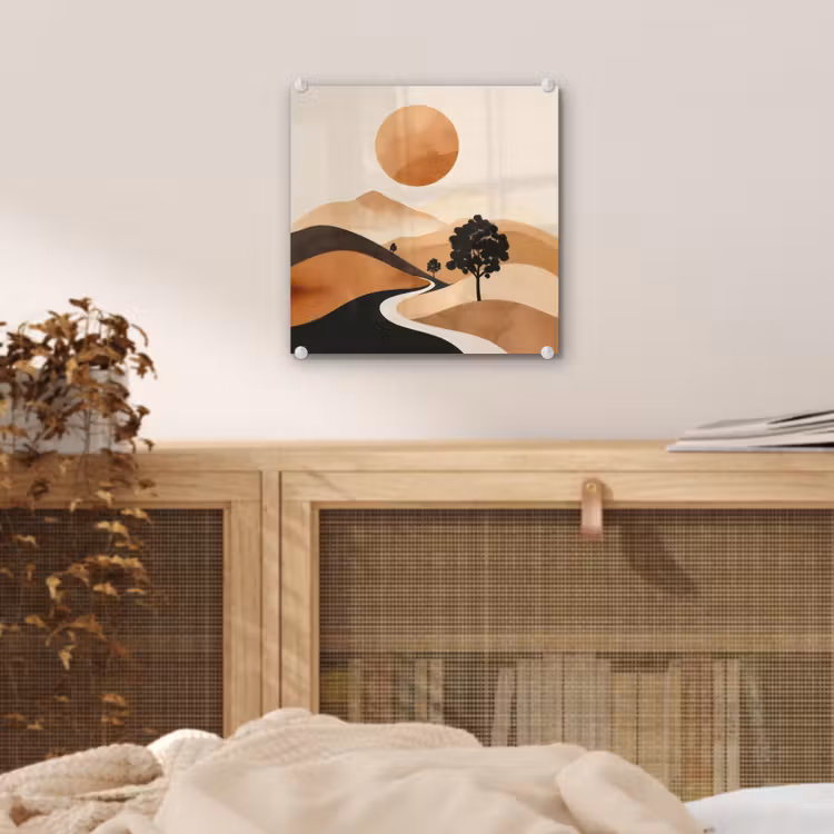 Glas schilderij - Zon - Heuvels - Boom - Abstract — 5