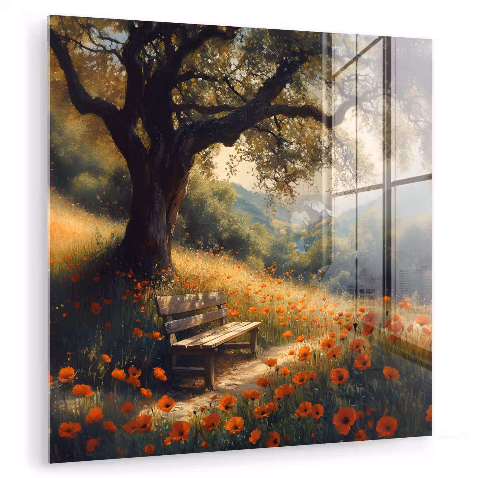 Glas schilderij - Bankje - Boom - Klaprozen - Heuvels — 1