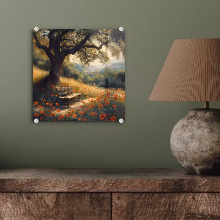 Glas schilderij - Bankje - Boom - Klaprozen - Heuvels — 4