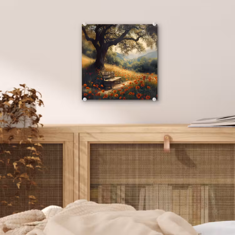 Glas schilderij - Bankje - Boom - Klaprozen - Heuvels — 5
