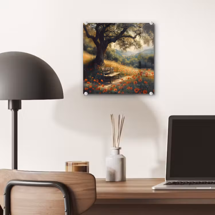 Glas schilderij - Bankje - Boom - Klaprozen - Heuvels — 7