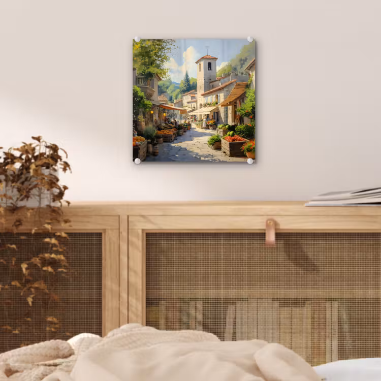 Glas schilderij - Dorp - Zon - Kraampjes - Huizen — 5