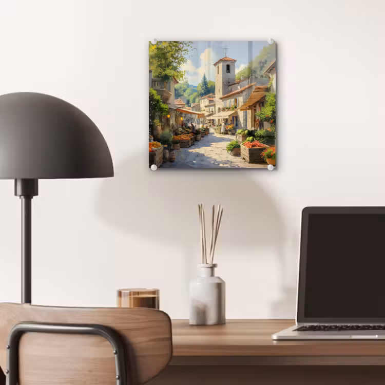 Glas schilderij - Dorp - Zon - Kraampjes - Huizen — 7