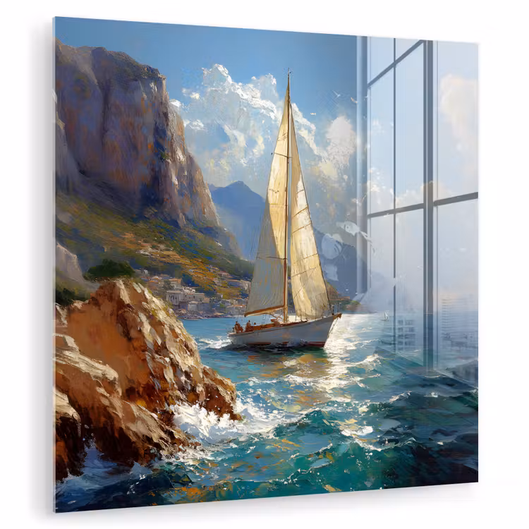 Glas schilderij - Zeilschip - Zee - Rotsen - Wolken — 1