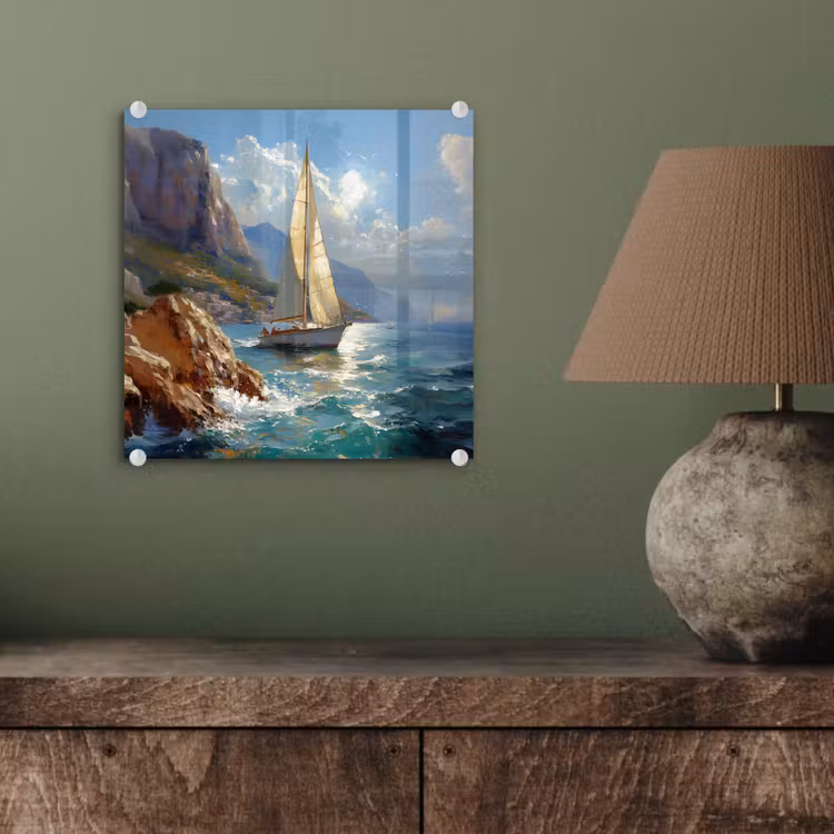 Glas schilderij - Zeilschip - Zee - Rotsen - Wolken — 4