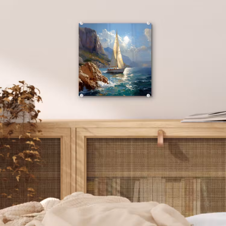 Glas schilderij - Zeilschip - Zee - Rotsen - Wolken — 5