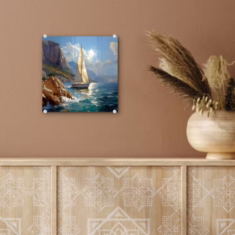 Glas schilderij - Zeilschip - Zee - Rotsen - Wolken — 6