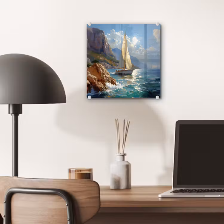 Glas schilderij - Zeilschip - Zee - Rotsen - Wolken — 7