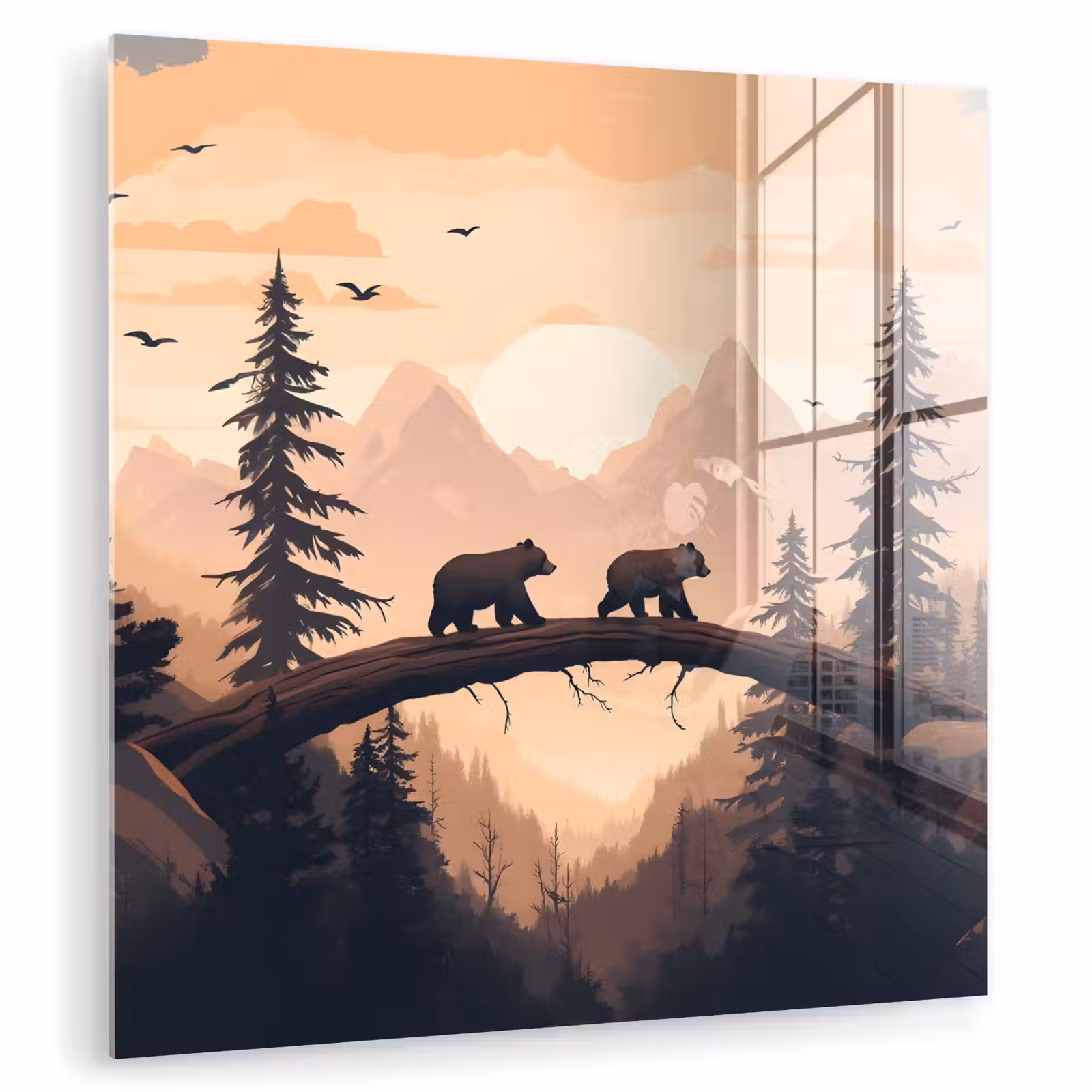 Glas schilderij - Beren - Bomen - Landschap - Zonsondergang — 1