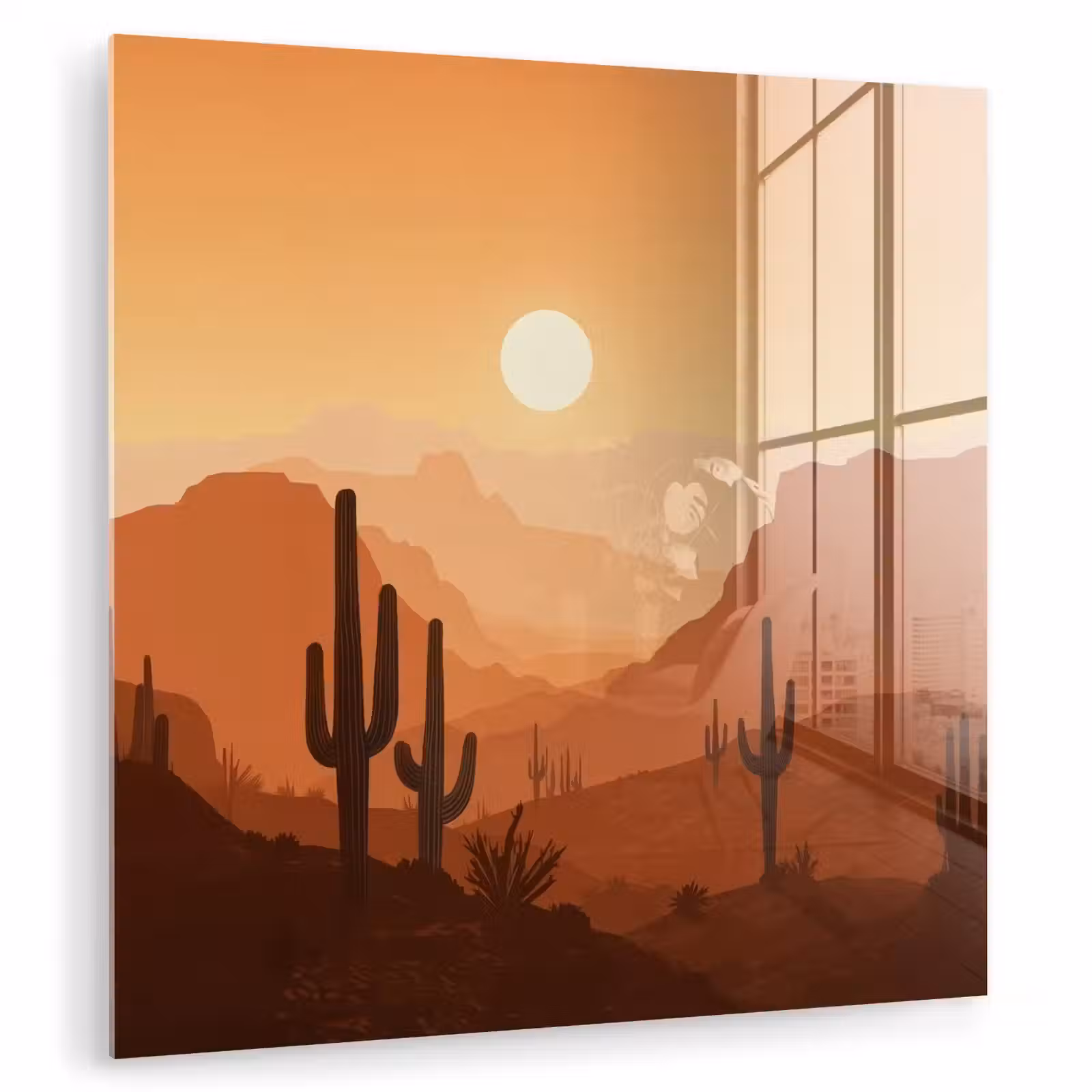 Glas schilderij - Landschap - Woestijn - Cactussen - Zon — 1