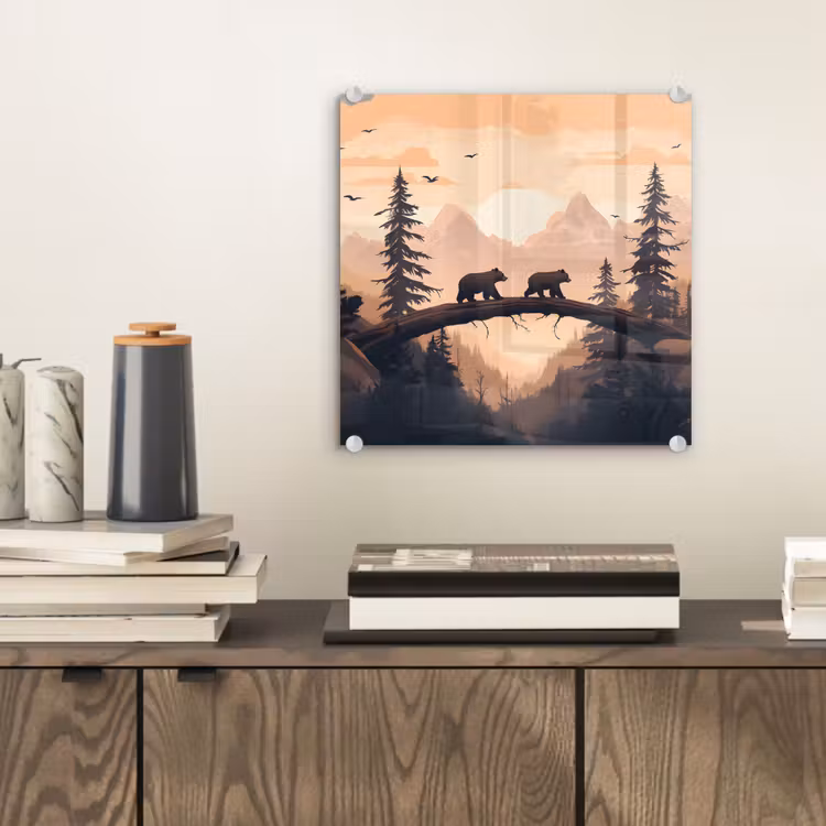 Glas schilderij - Beren - Bomen - Landschap - Zonsondergang — 2