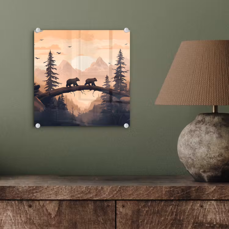 Glas schilderij - Beren - Bomen - Landschap - Zonsondergang — 4