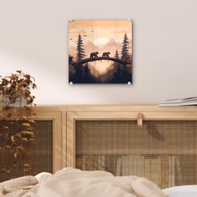 Glas schilderij - Beren - Bomen - Landschap - Zonsondergang — 5