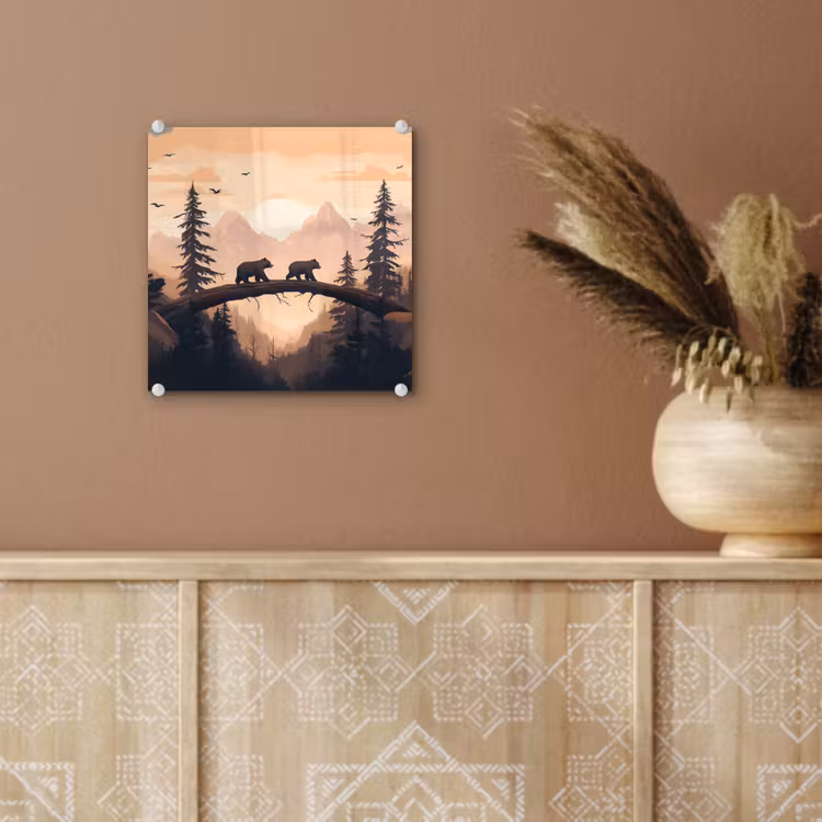 Glas schilderij - Beren - Bomen - Landschap - Zonsondergang — 6