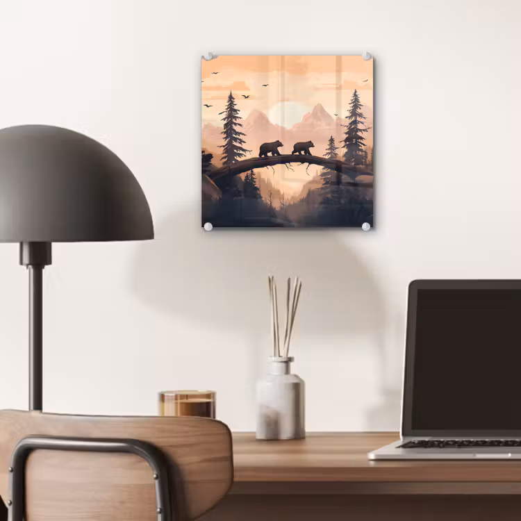 Glas schilderij - Beren - Bomen - Landschap - Zonsondergang — 7