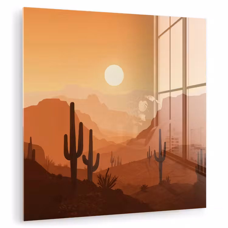 Glas schilderij - Landschap - Woestijn - Cactussen - Zon — 1
