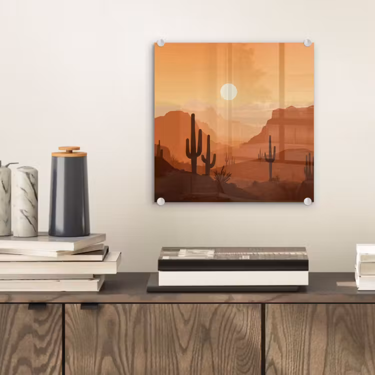 Glas schilderij - Landschap - Woestijn - Cactussen - Zon — 2