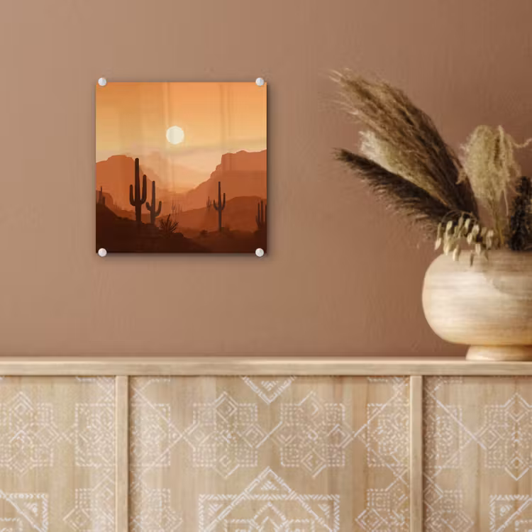 Glas schilderij - Landschap - Woestijn - Cactussen - Zon — 6