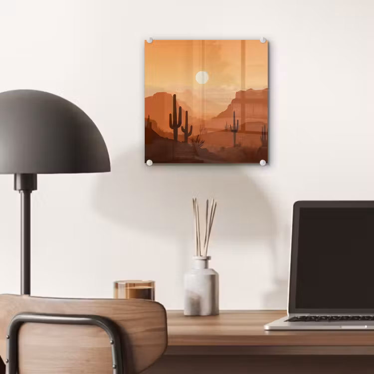 Glas schilderij - Landschap - Woestijn - Cactussen - Zon — 7