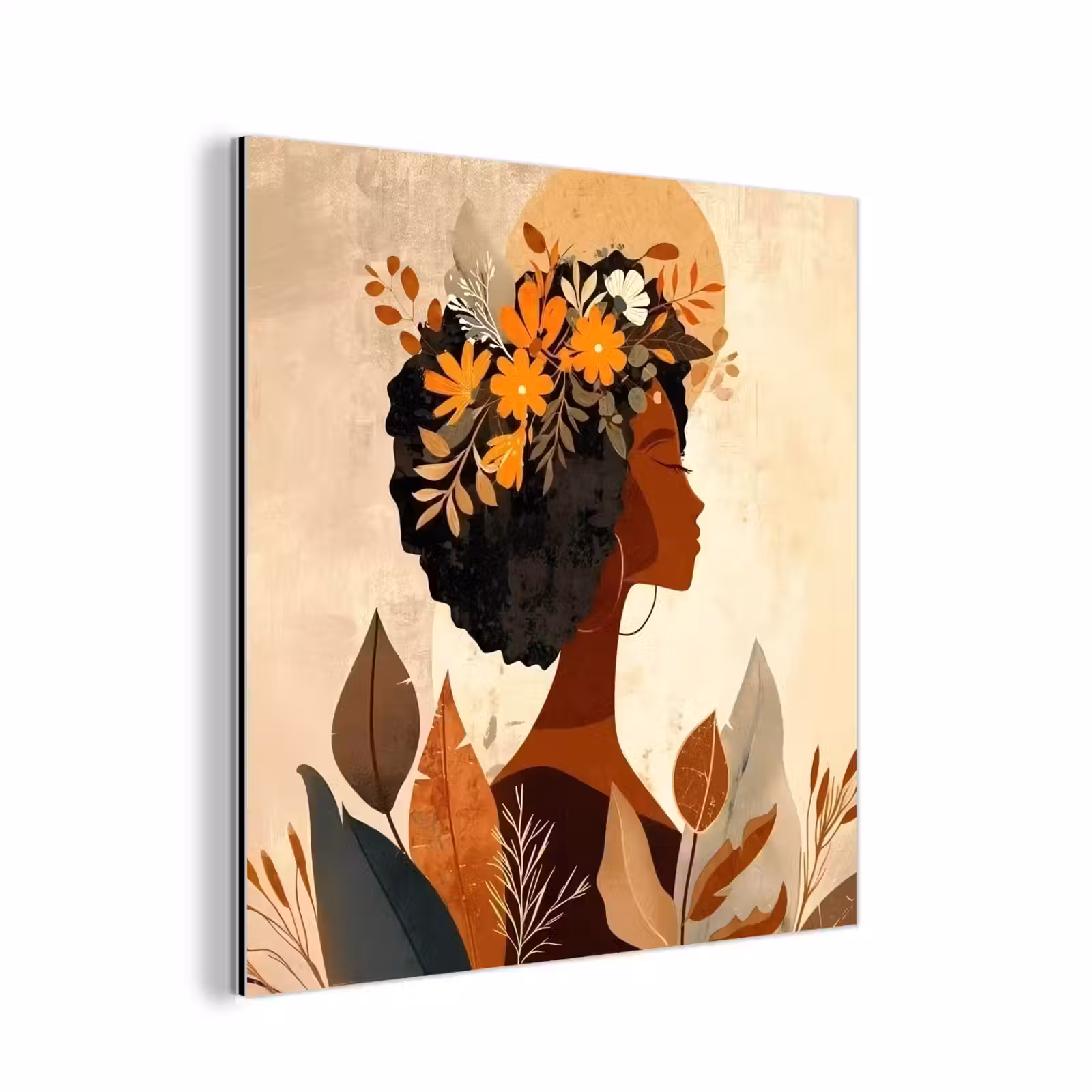 Aluminium schilderij - Vrouw - Krullen - Bloemen - Beige — 1