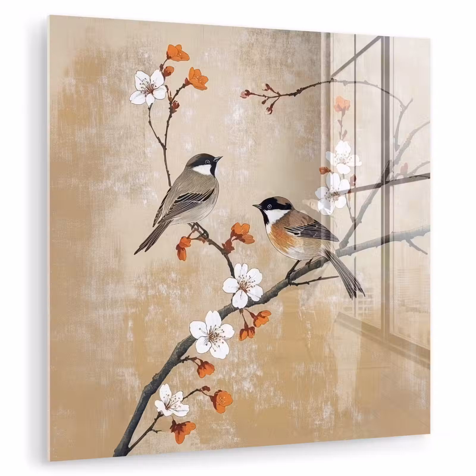 Glas schilderij - Vogels - Bloesemtak - Bloemen - Oranje — 1