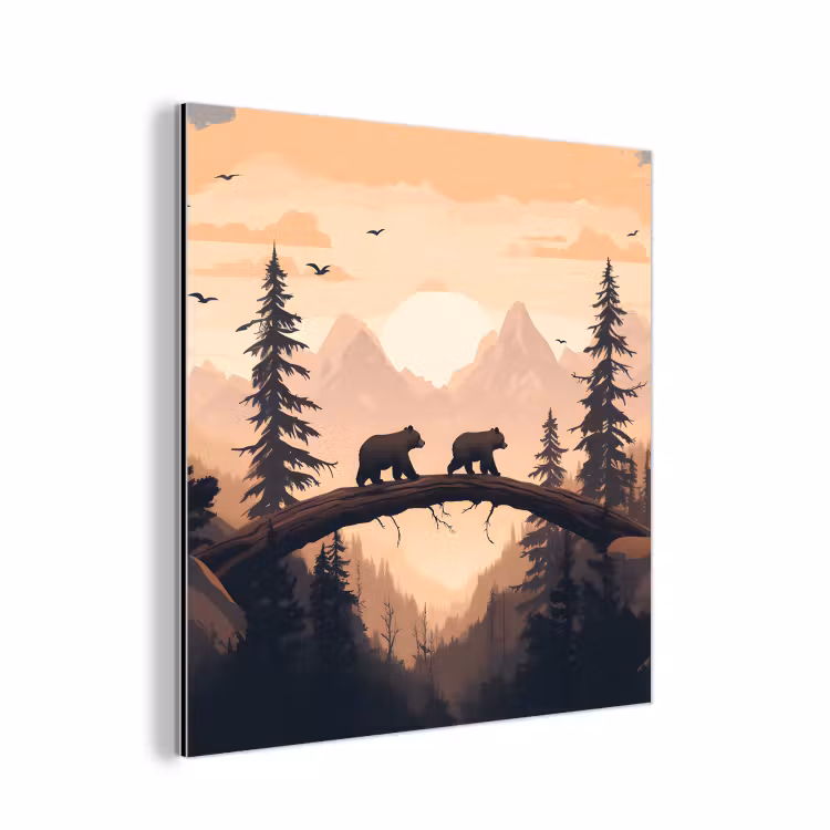 Aluminium schilderij - Beren - Bomen - Landschap - Zonsondergang — 1