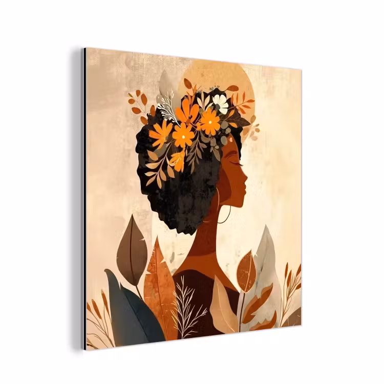 Aluminium schilderij - Vrouw - Krullen - Bloemen - Beige — 1