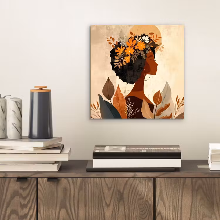 Aluminium schilderij - Vrouw - Krullen - Bloemen - Beige — 2