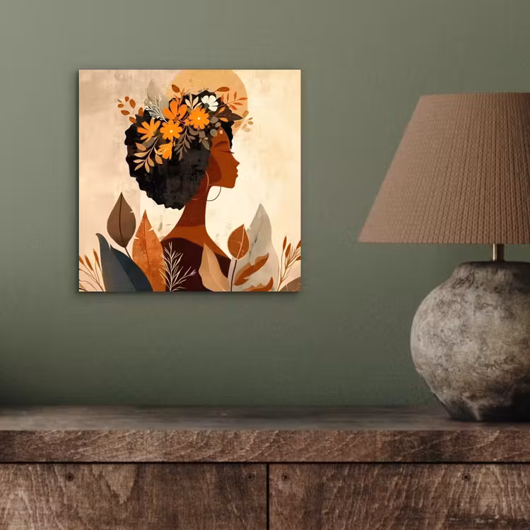 Aluminium schilderij - Vrouw - Krullen - Bloemen - Beige — 3