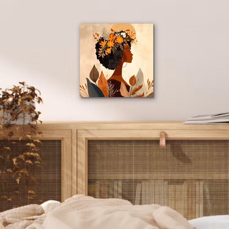 Aluminium schilderij - Vrouw - Krullen - Bloemen - Beige — 4